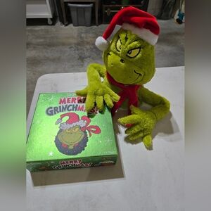 Green Large Grinch Tree Toper with Red Santa Hat And Merry Grinchmas Game. NEW